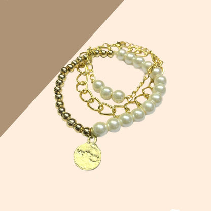 Golden Pearl Coin Chain Charm Combo Bracelet