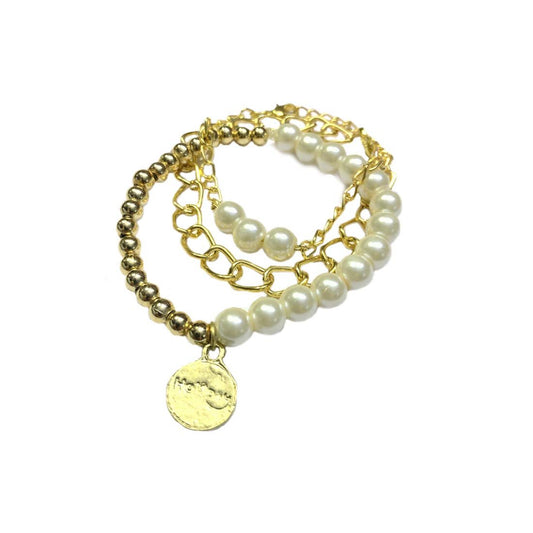 Golden Pearl Coin Chain Charm Combo Bracelet