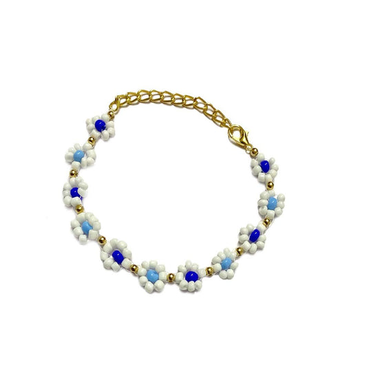 White Blue Floral Chain Charm Bracelet