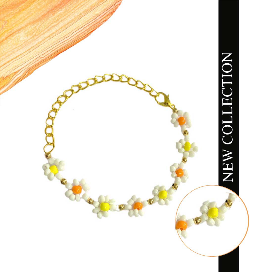 White Yellow Multicolor Floral Chain Charm Bracelet