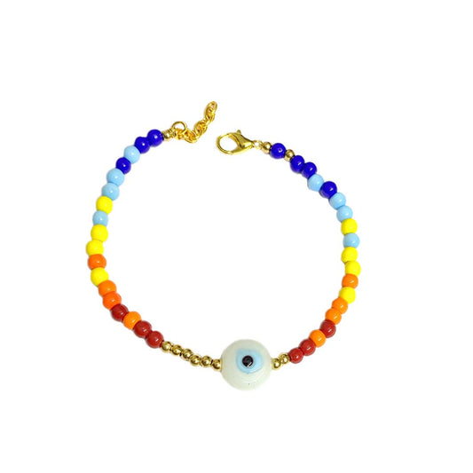 White Evil Eye Multicolor Beads Golden Bracelet