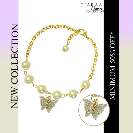 Grey Butterfly Imitation Pearl Charm Bracelet