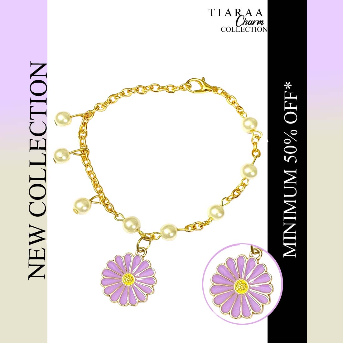 Purple Daisy Imitation Pearl Charm Bracelet