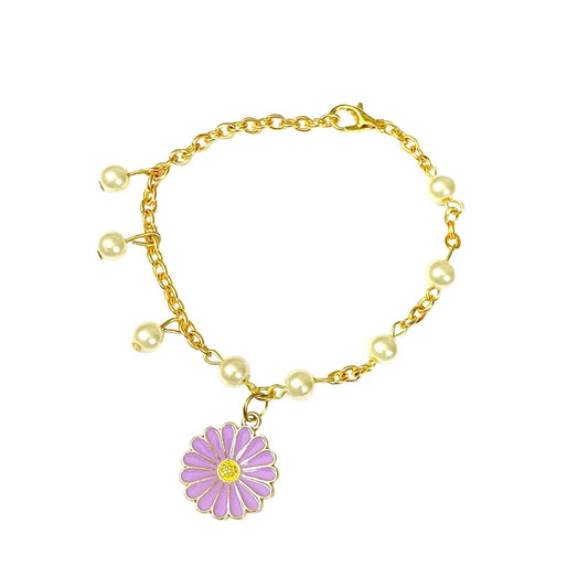 Purple Daisy Pearl Chain Charm Bracelet
