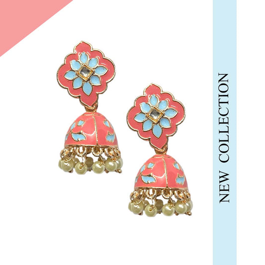 Pink Blue Multicolor Meena Kundan Floral Polki Jhumka