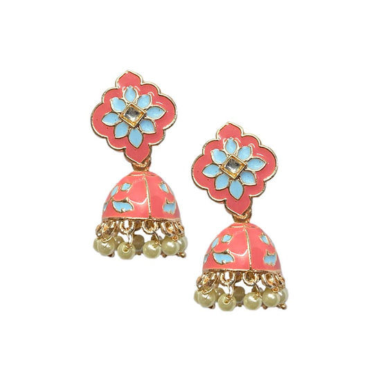 Pink Blue Multicolor Meena Kundan Floral Polki Jhumka