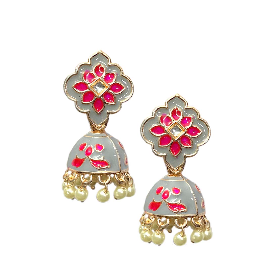 Pink Grey Meena Floral Polki Jhumka