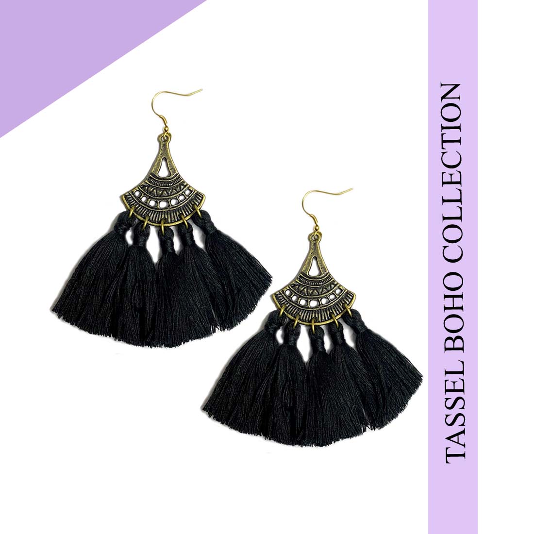 Black Alloy Tassel Golden Boho Earrings