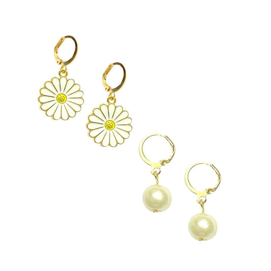 White Daisy Imitation Pearl Earrings Combo Set