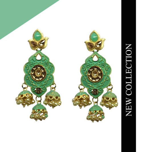 Green Meenakari  Golden Pearl Fashion Earrings