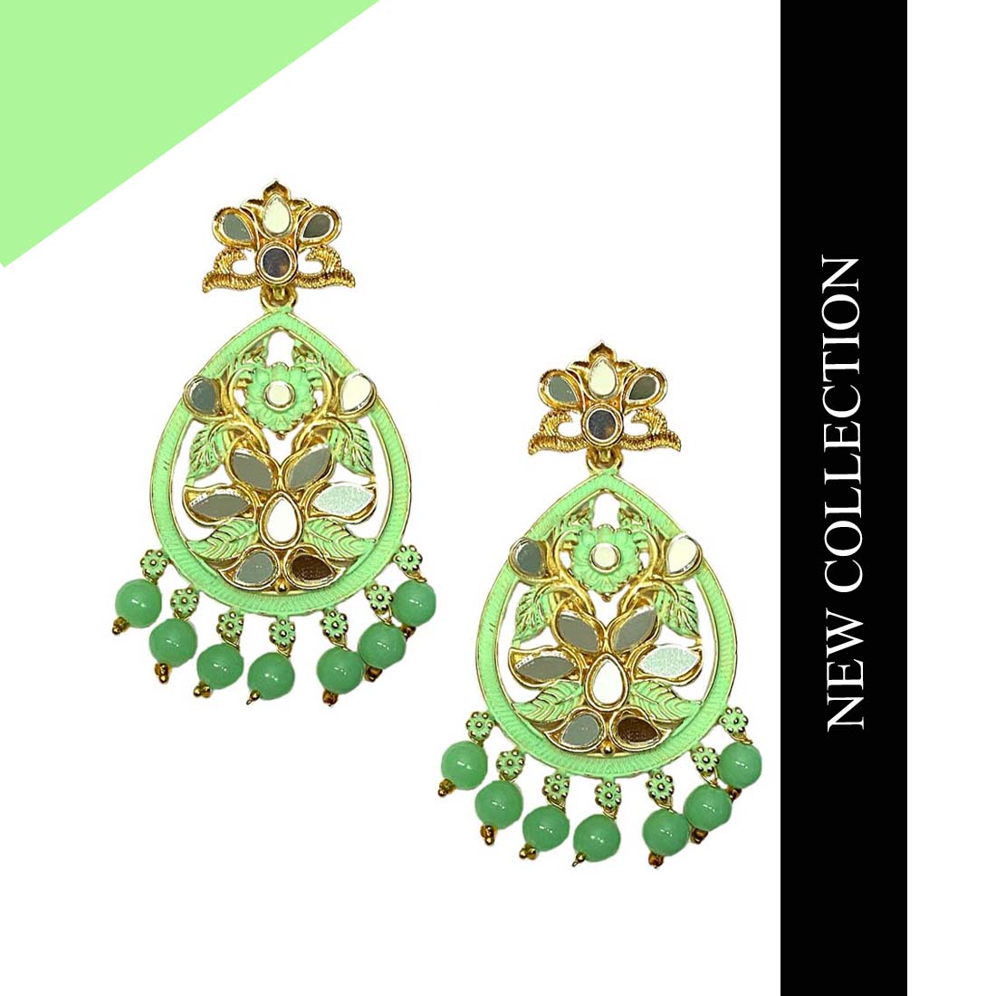 Light Green Mirror Floral Meena Golden Stone Earrings