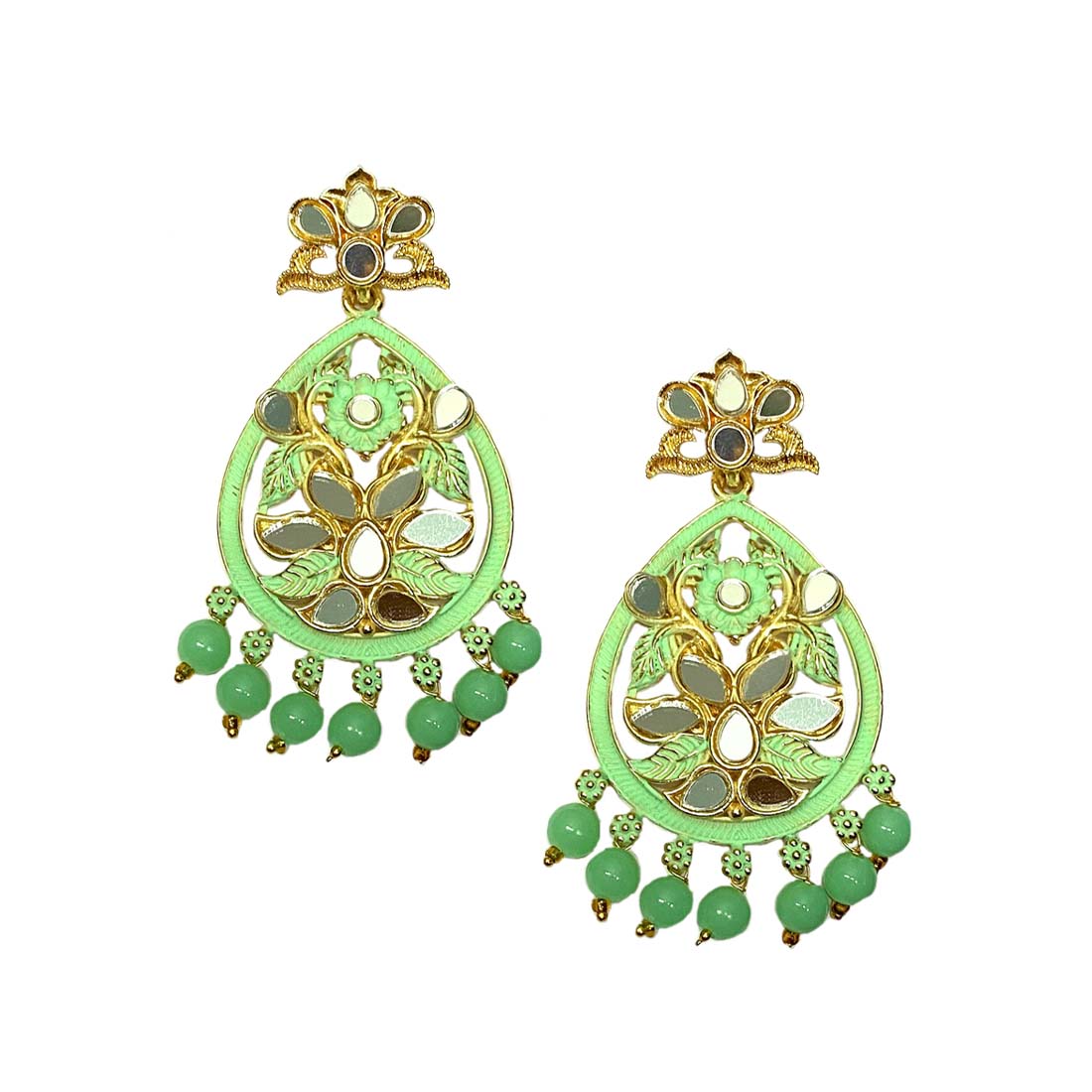 Light Green Mirror Floral Meena Golden Stone Earrings