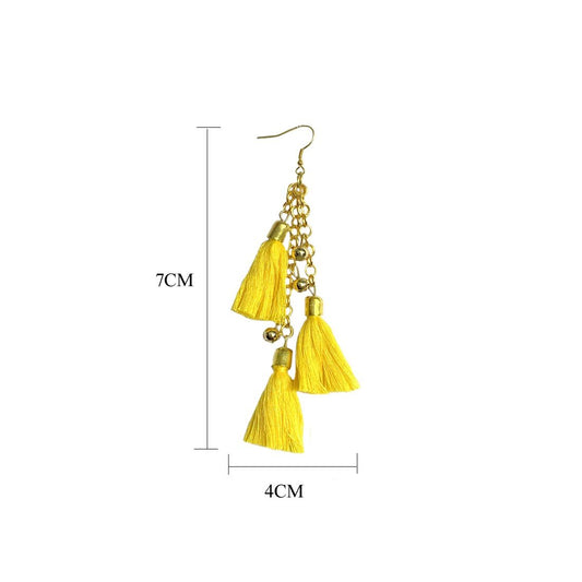 Yellow Alloy Tassel Golden Bead Boho Chic Earrings