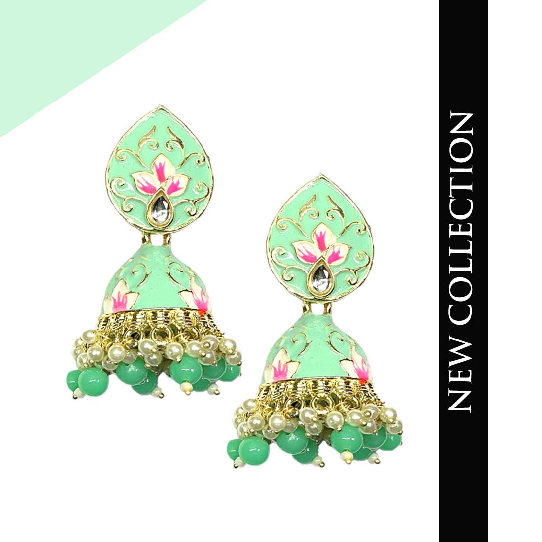 Light Green Meenakari Golden Floral Pearl Fashion Earrings
