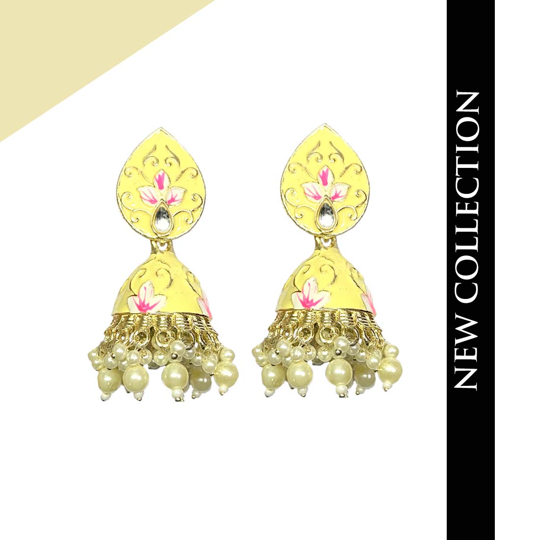 Yellow Meenakari Golden Floral Polki Fashion Earrings