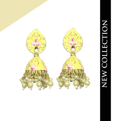 Yellow Meenakari Golden Floral Polki Fashion Earrings