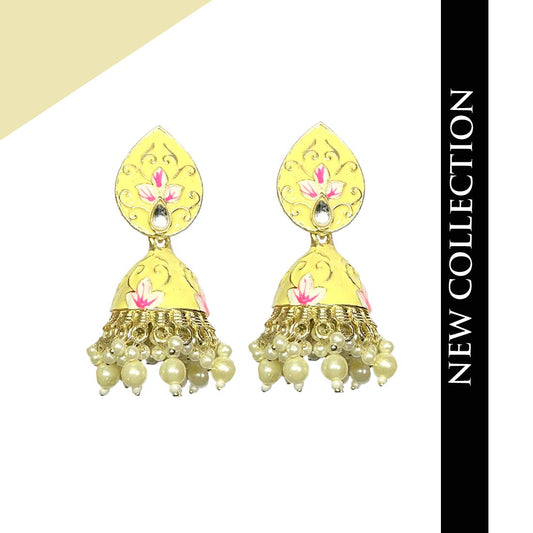 Yellow Meenakari Golden Floral Polki Fashion Earrings