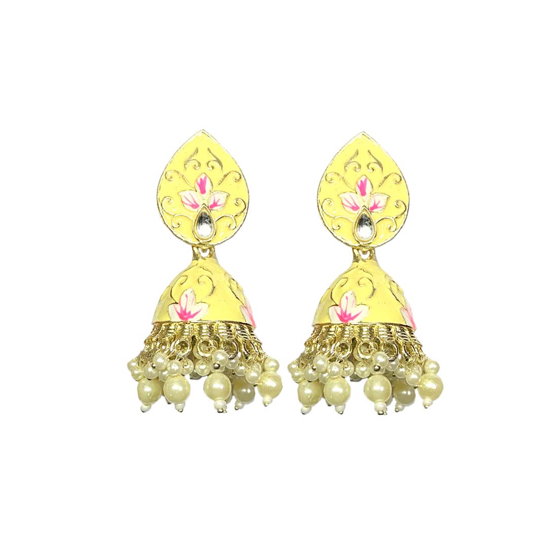 Yellow Meenakari Golden Floral Polki Fashion Earrings