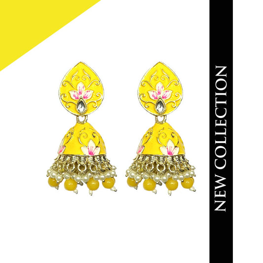 Mustard Meenakari Golden Floral Polki Fashion Earrings