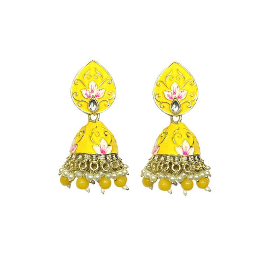 Mustard Meenakari Golden Floral Polki Fashion Earrings