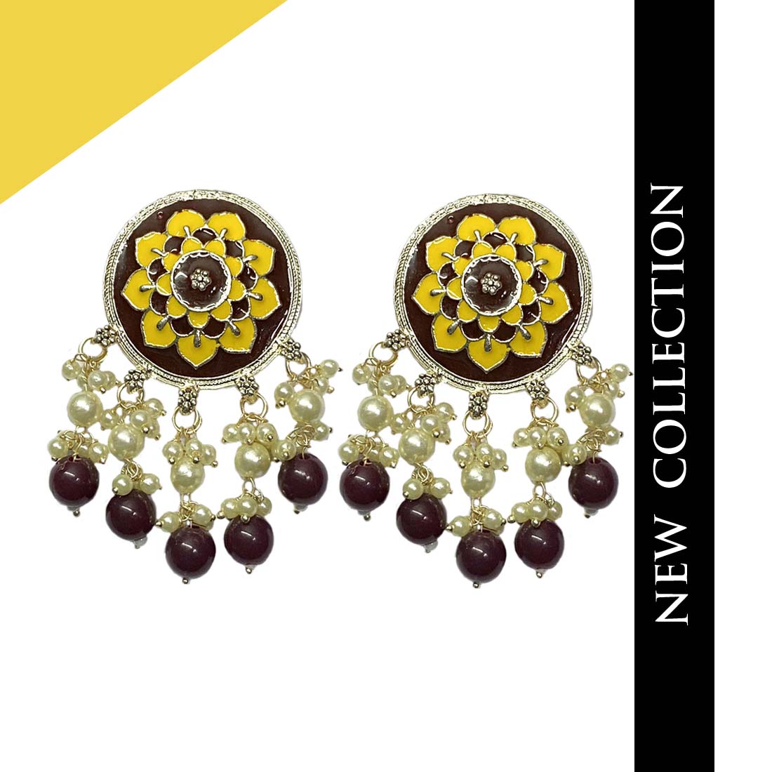 Brown Floral Meena Silver Polki Jhumka Earrings