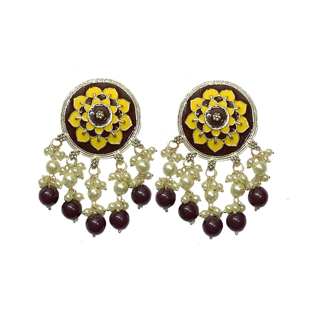 Brown Floral Meena Silver Polki Jhumka Earrings