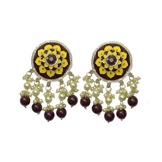 Brown Floral Meena Silver Polki Jhumka Earrings