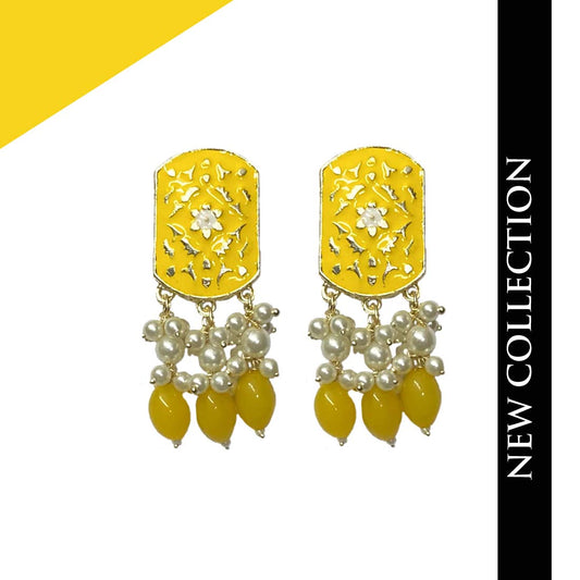 Yellow Meena Golden Pearl Polki Fashion Earrings