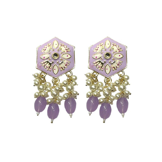 Purple Meena Floral Pearl Polki Fashion Earrings