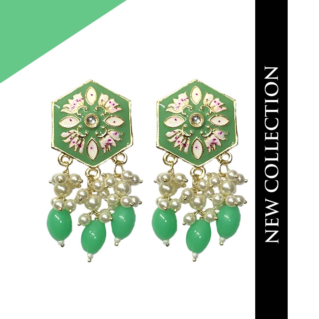 Light Green Meenakari Golden Pearl Fashion Earrings