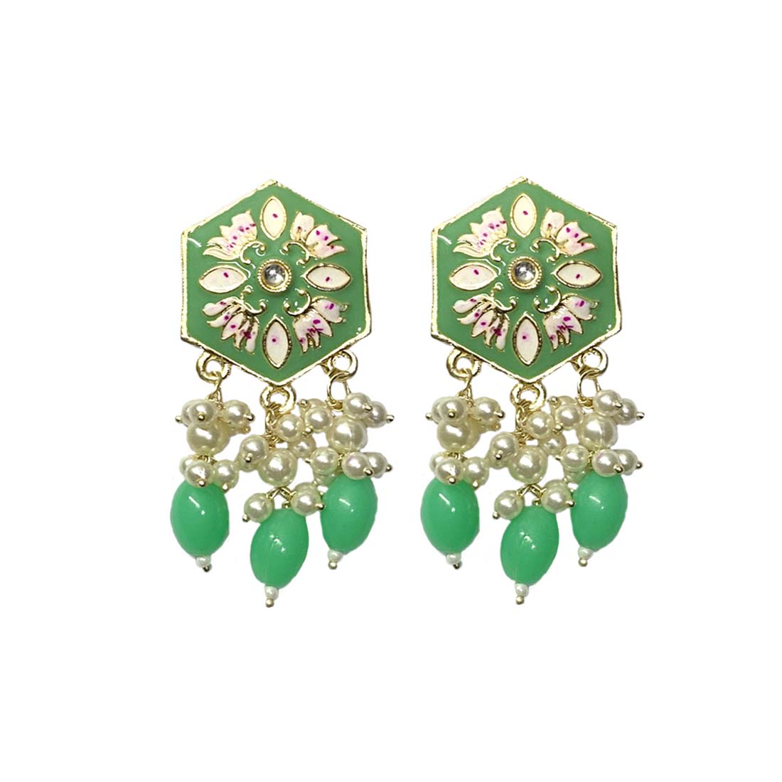 Light Green Meenakari Golden Pearl Fashion Earrings