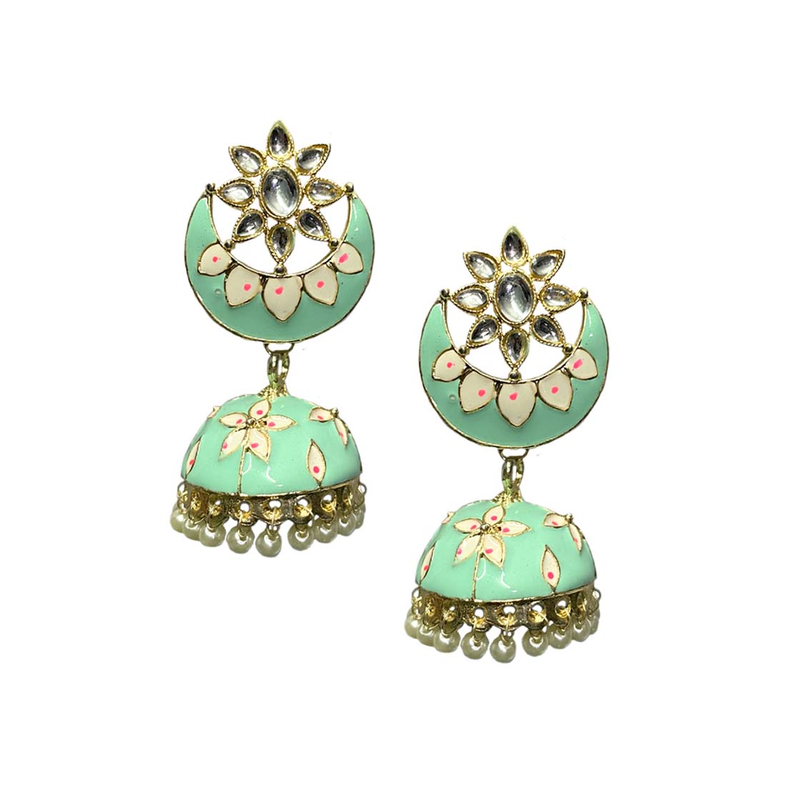 Sea Green Lotus Meena Kundan Jhumka Earrings