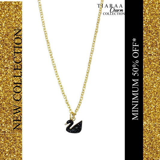 Black Glitter Swan Studded Golden Charm Necklace